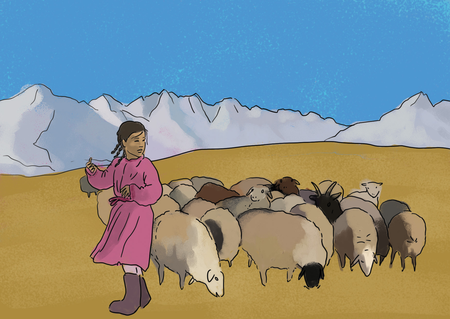 Central Asia Family - Niece taking care of cattle